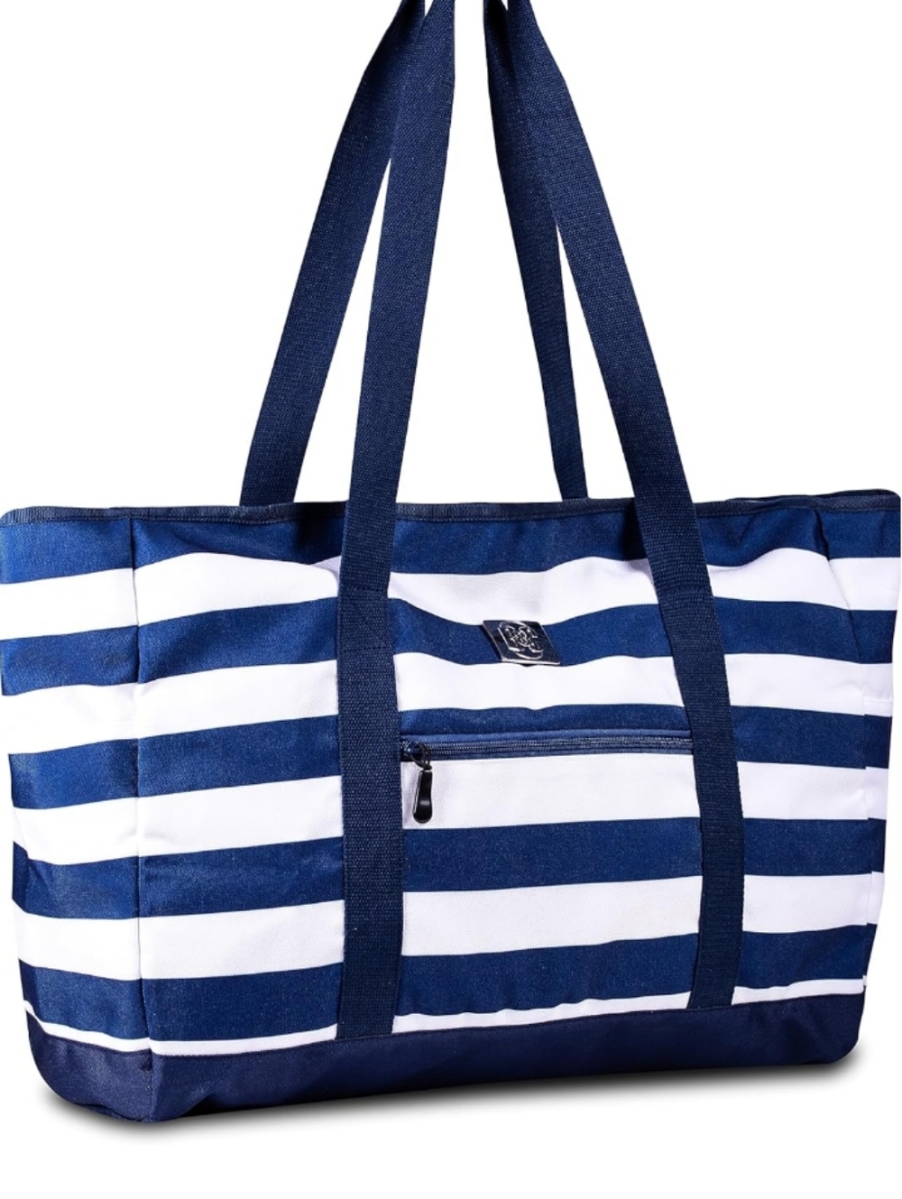 Striped Navy & White Tote Bag with Zipper With Storage Bag